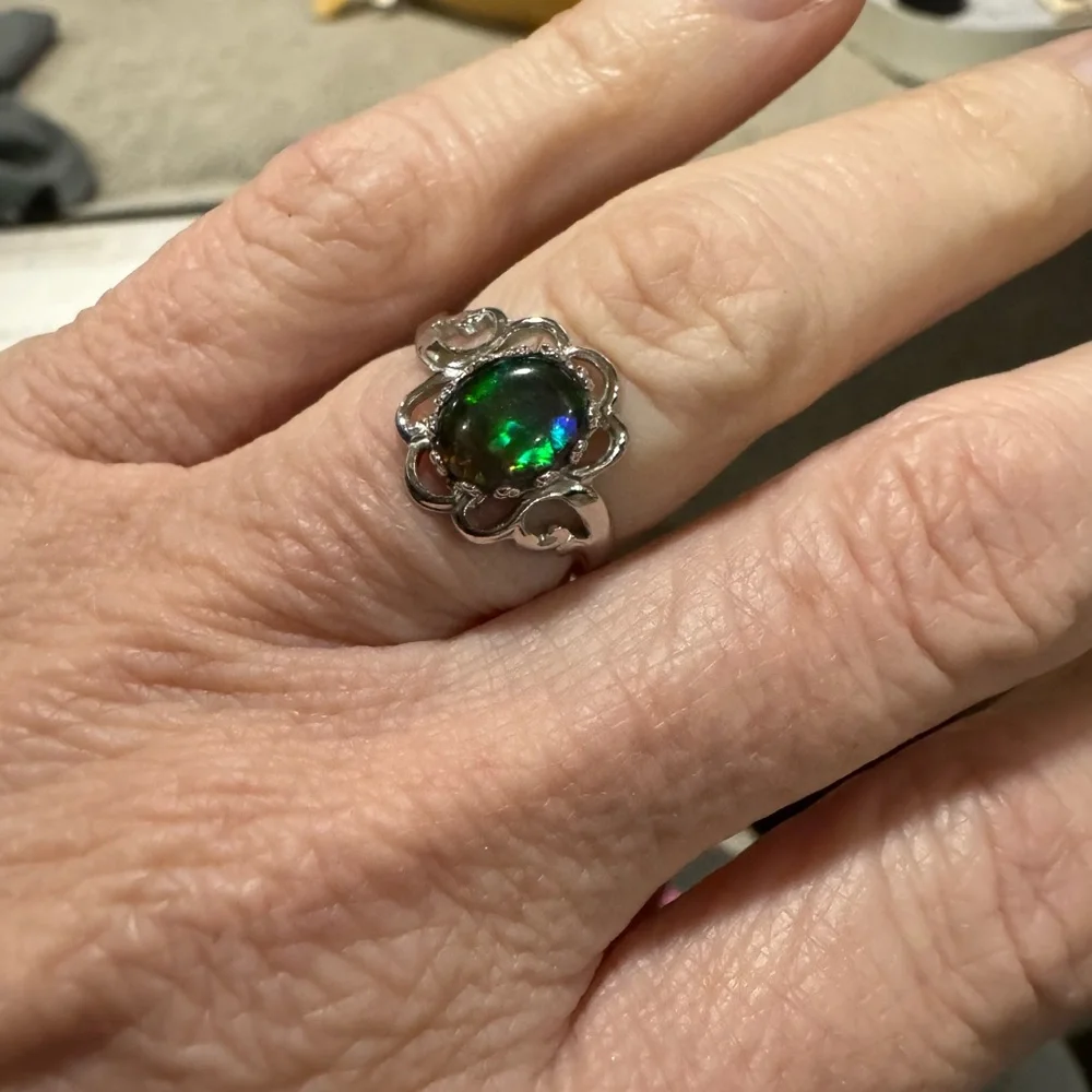 Sterling Silver Ammolite Ring | Size 4.75 | Natural Fire | Statement Setting